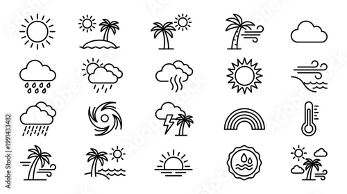 Outline weather icon set with sun, rain, storm, rainbow, wind and beach symbols in minimal hand drawn vector style for forecast apps, summer design and seasonal graphics.