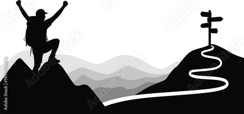 Silhouette of hiker reaching summit over mountain landscape, vector illustration symbolizing achievement, perseverance, and adventure, ideal for motivational posters, outdoor branding, 