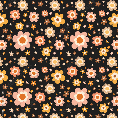 Retro Half Drop Floral Seamless Pattern with Cute Small Flowers on Dark Background