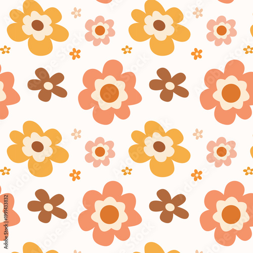 Retro Half Drop Floral Seamless Pattern with Large Flowers on Light Background