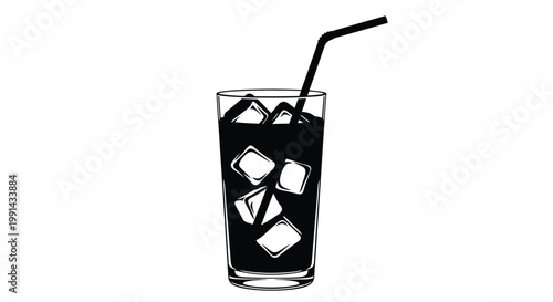 Black cold drink with ice cubes and a straw in a glass