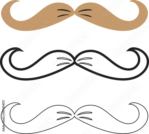 Three cartoonish mustaches in different colors and styles