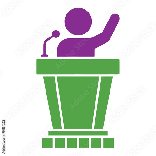 Purple person giving a speech from a green podium with microphone icon