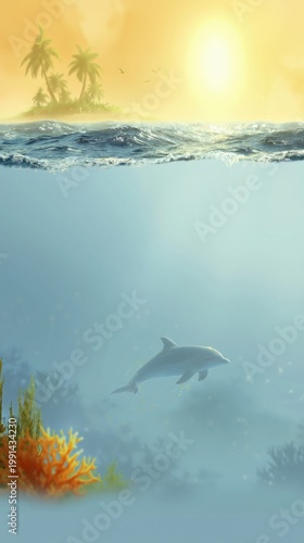 Dolphin swimming gracefully in the ocean under the sunset sky