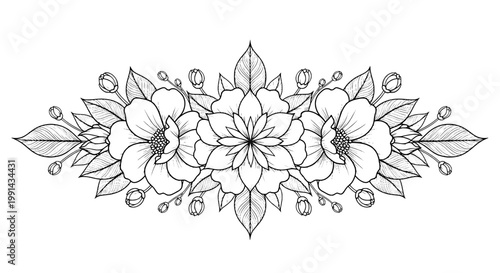 Flowers line drawing with leaves and buds in black and white illustration featuring flower, floral, graphic with design and art elements for sketch,