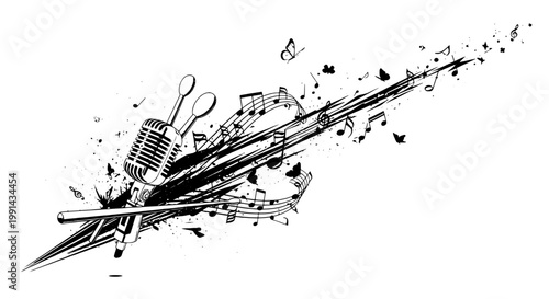 Microphone musical illustration with guitar and notes in black ink splatter featuring rock, music, instrument with melody and rhythm elements for