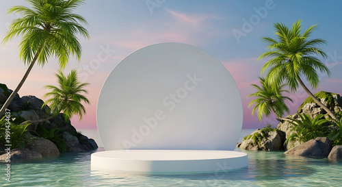 Tropical beach island scene with empty white podium and palm trees, serene ocean water, golden sunset sky