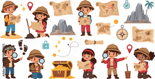Treasure Hunt Explorer Kids Character Set with Maps, Compass, Magnifier, Gold Chest, and Adventure Discovery Elements Collection
