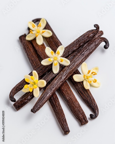 Vanilla beans and blossoms on a light background
