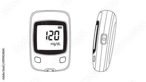 Line Art Illustration of a Modern Digital Blood Glucose Meter Displaying 120 mg/dL, Essential Medical Device for Diabetes Management and Health Monitoring.