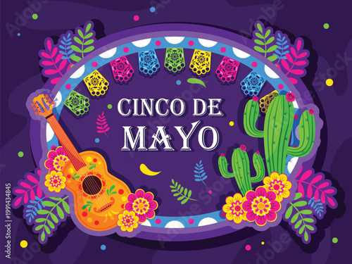 A vibrant cinco de mayo illustration with a guitar and cacti
