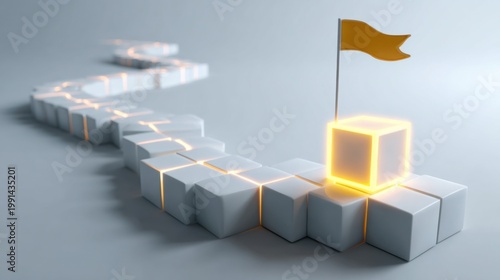 A conceptual image of a path leading to a goal, represented by a glowing cube topped with a flag. This symbolizes achieving objectives, and progress towards an end
