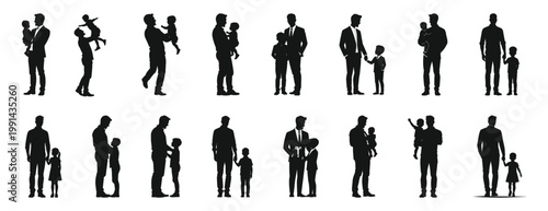 Fathers with children silhouettes representing family love and care fathers day elements set.