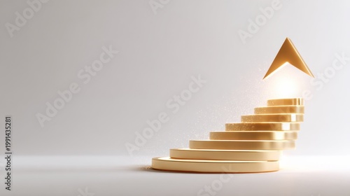 Golden staircase leading upwards, symbolizing progress and achievement. The steps ascend toward a glowing arrow, indicating direction and ambition