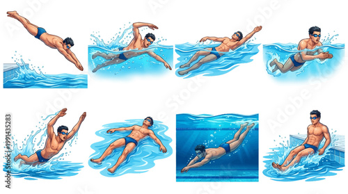 Professional Male Swimmer Illustrations Set Featuring Diving, Freestyle, Backstroke, Breaststroke, Butterfly, Floating, and Underwater Poses for Sports Design.