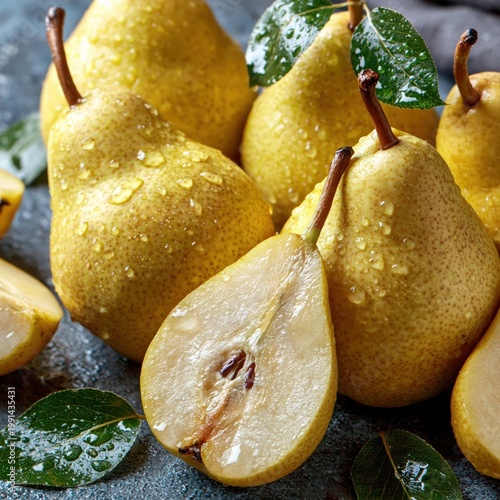 Ripe pears with water droplets, delicious fruits on table