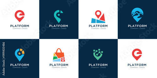 Collection of  map icons with location pins for navigation and mapping applications vector logo design illustration