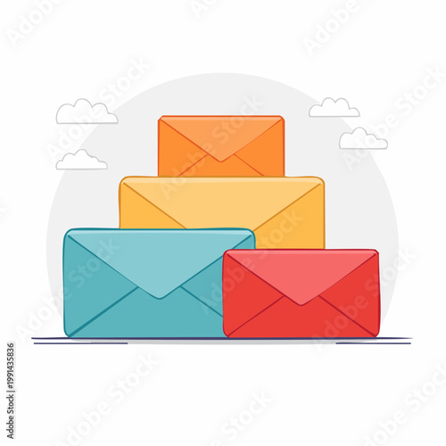 Stack of colorful envelopes with clouds in the background