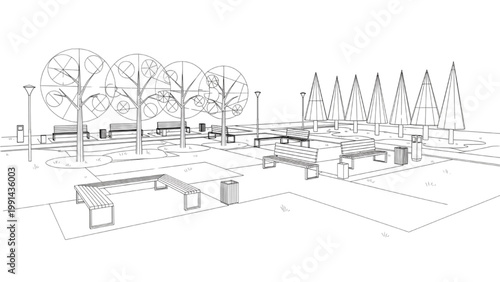Park Scenery CAD Design Style with Trees and Benches Vector Line Art Landscape Illustration on White Background