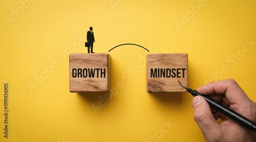 Growth Mindset Concept: A visual representation of the concept of growth mindset, illustrated with wooden blocks and a miniature figure symbolizing the path to development.
