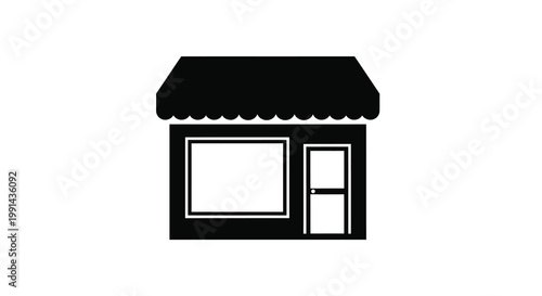 A simple black storefront with a striped awning presented as a silhouette