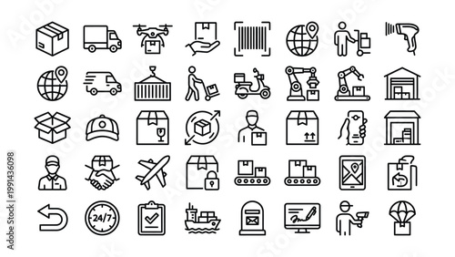 Logistics and delivery service icons in doodle style with bar code hot air balloon logistics delivery collection illustration automobile container shipping automation warehouse security