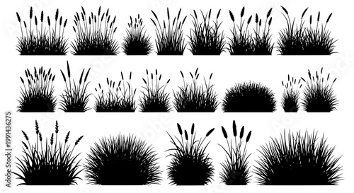 Grass tufts silhouette set with dense blades and textured clumps for seamless patterns and nature backgrounds