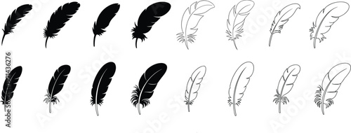 Black feather silhouettes and outline sketches set isolated on white background, decorative quill illustration collection for creative design projects