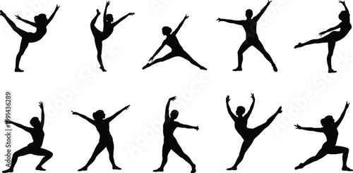 Collection of dancer silhouettes performing ballet and modern dance poses dynamic movement figures isolated on white background vector set
