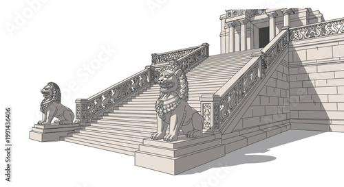 Grand Stone Staircase with Guardian Lion Statues at Entrance
