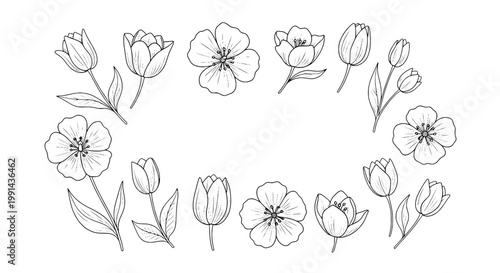 Flower doodle wreath of hand sketched tulips and petals in minimal line art for wedding, greeting cards, and boho designs