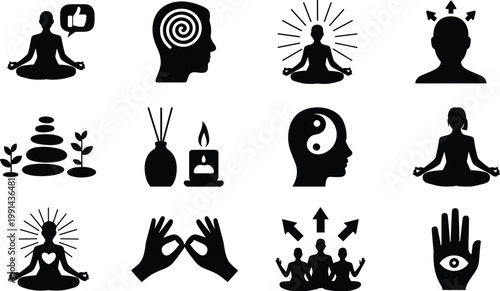 Large set of black meditation and mindfulness icons featuring yoga poses spiritual healing symbols zen stones aromatherapy candles and mental health concepts on white background