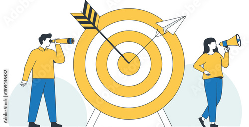 Teamwork concept with tiny people characters working together around a big target, vector illustration symbolizing collaboration, shared goals, and success, ideal for business presentations, startups,