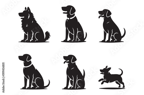 Silhouette collection of six different dog breeds in a linear style