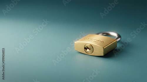 Security Symbol: A gleaming golden padlock lies on a sleek, turquoise surface, exuding a sense of security, protection, and privacy.