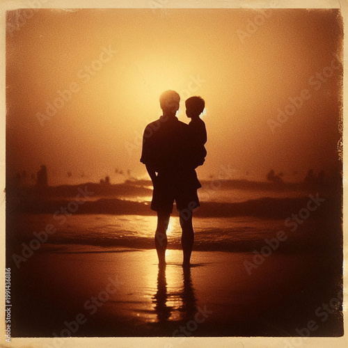 Father and Child Silhouette at Sunset Memory old printed photo yellowed frayed edges