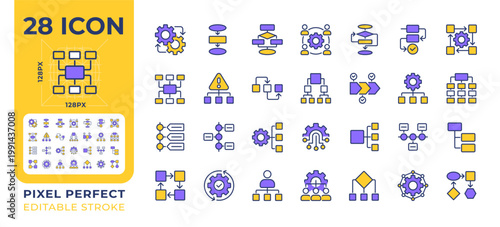 Workflow pixel perfect line color icons set. System for managing repetitive processes. Business organization. Vector illustrations. Simple flat colorful symbols collection. Editable stroke
