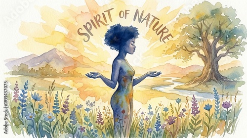 Woman embracing the spirit of nature in a serene landscape with wildflowers and a majestic tree.