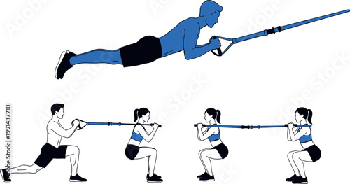 Resistance band workout exercises set for full body strength training squats lunges and rows fitness vector illustration