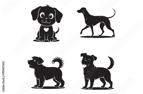 Black and white silhouettes of four different breeds of dogs