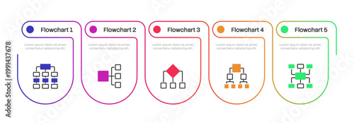 Flowcharts multicolor rounded infographic 5 steps. System for managing repetitive processes. Business information organization. Editable two color line icons diagram flow. Stack Sans font used