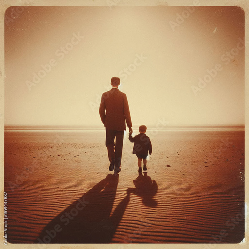 Back View of Father and Child Walking Together old printed photo yellowed frayed edges