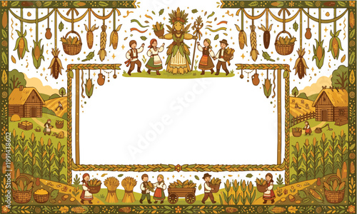 Thanksgiving harvest festival frame with farmers and corn fields in a rural village landscape.