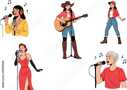 Singer characters vector collection with female performers guitarist and modern music artists concert performance illustration set