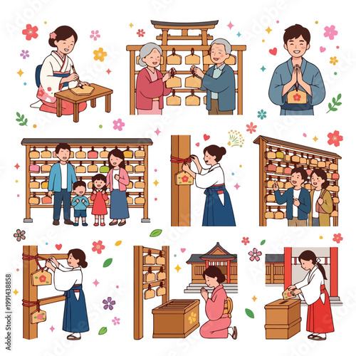 Set of Japanese Shinto shrine rituals showing people praying and hanging ema wish plaques.