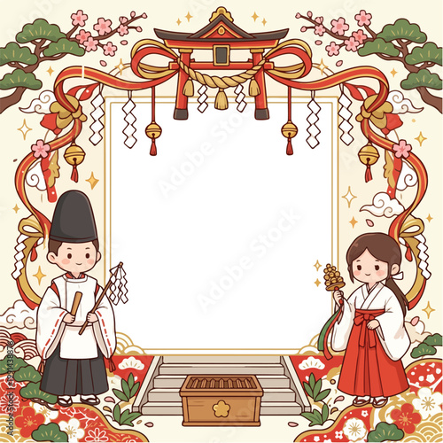 Japanese Shinto shrine frame with priest and miko maiden for New Year hatsumode blessing.