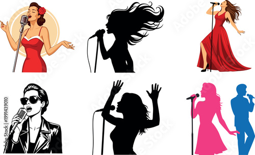 Singer character vector collection with female and male performers silhouettes microphones and concert performance illustration set
