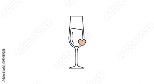 Elegant champagne flute with heart detail, minimalist line art, celebration concept