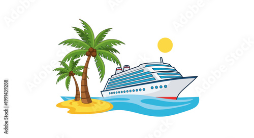 Tropical Cruise Ship Vacation: Island Paradise with Palm Trees and Ocean Waves