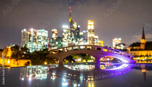 Miniature illuminated bridge model with vibrant cityscape night reflections